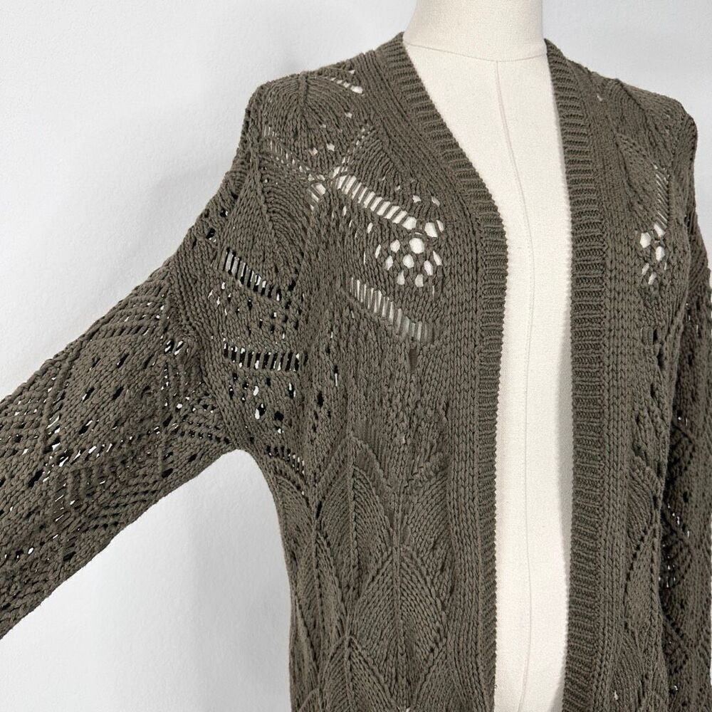 The Kooples XS Olive Green Crochet Open Knit Longline Cardigan Boho Festival - Picture 4 of 11